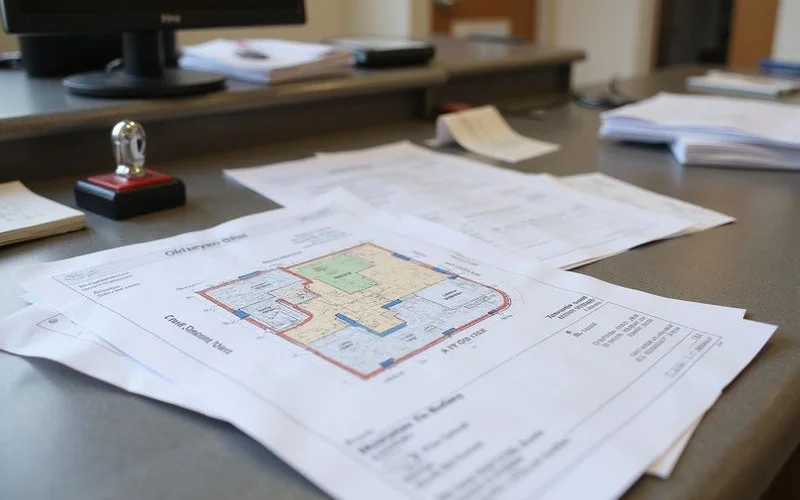 Residential construction documents and a site plan spread across a permit office counter
