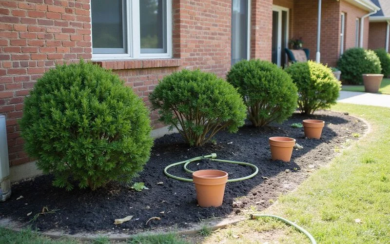 Restored flowerbed and replanted shrubs beside a brick home after access pits were backfilled