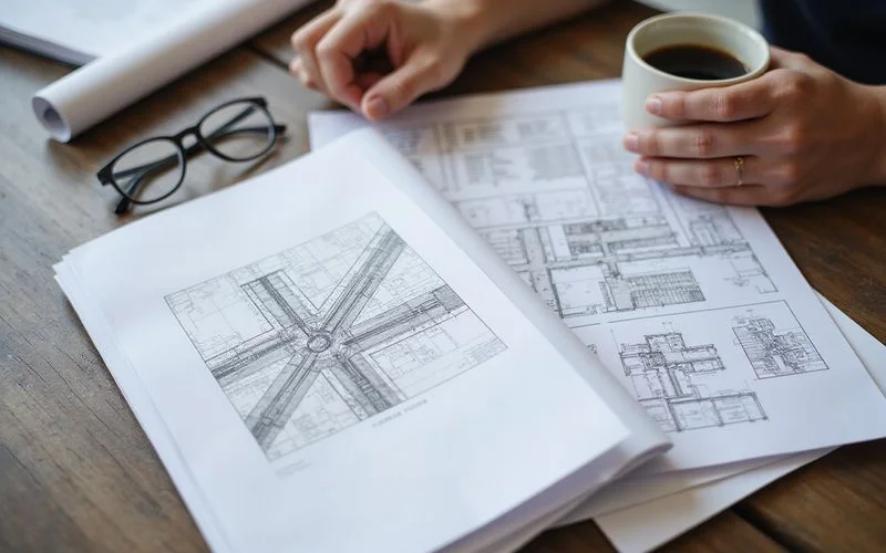 Sealed structural engineering report on a table beside a floor plan and reading glasses