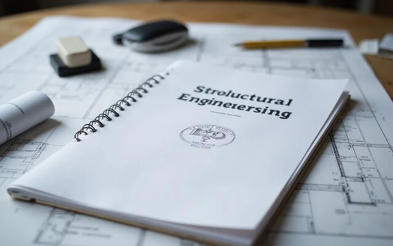 Sealed structural engineering report with a professional stamp resting on a desk beside a floor plan