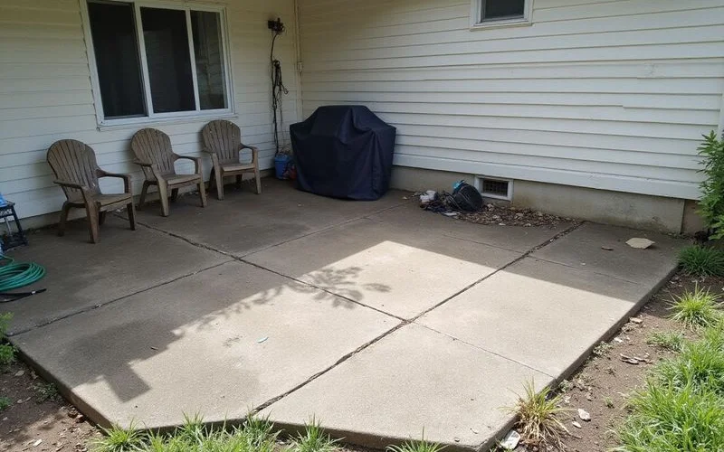 Settled concrete patio slab beside a home with a gap where it has dropped away from the wall