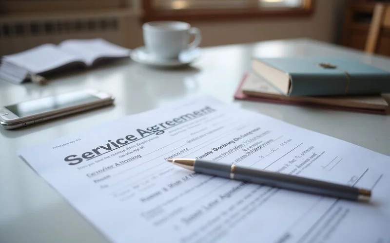 Signed service agreement and pen on a table beside a folder of home repair paperwork
