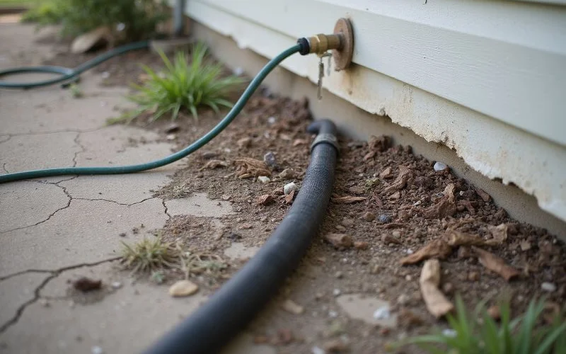 Soaker hose running along the perimeter of a Central Texas home foundation across dry ground
