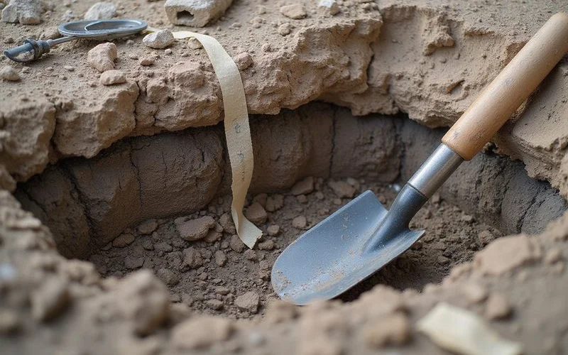 Soil profile visible in an open foundation excavation showing clay layers above weathered rock