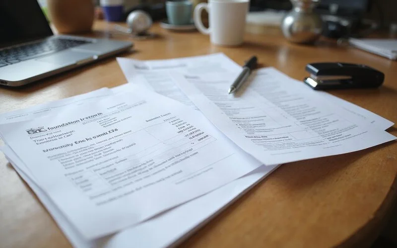 Stack of foundation repair invoices, engineering reports and warranty paperwork laid out on a desk