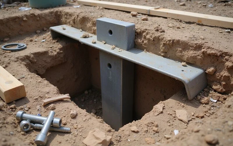 Steel bracket bolted beneath a residential grade beam ready to transfer load onto a pier
