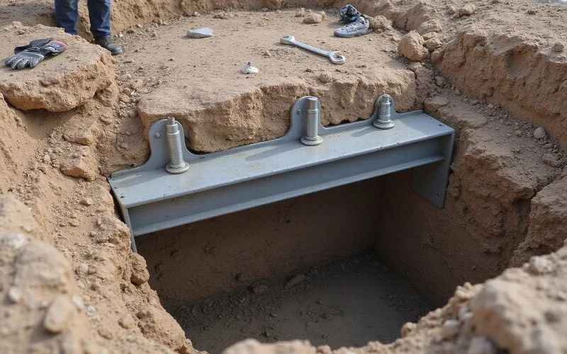 Steel support bracket fitted against the underside of a grade beam in an access pit