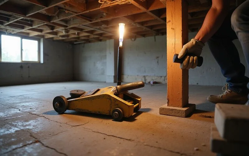 Support adjustment being made beneath a home floor with a jack and shims in a crawlspace