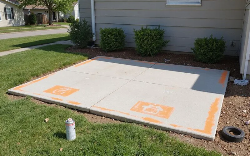 Support locations marked with spray paint along one elevation of a residential slab perimeter