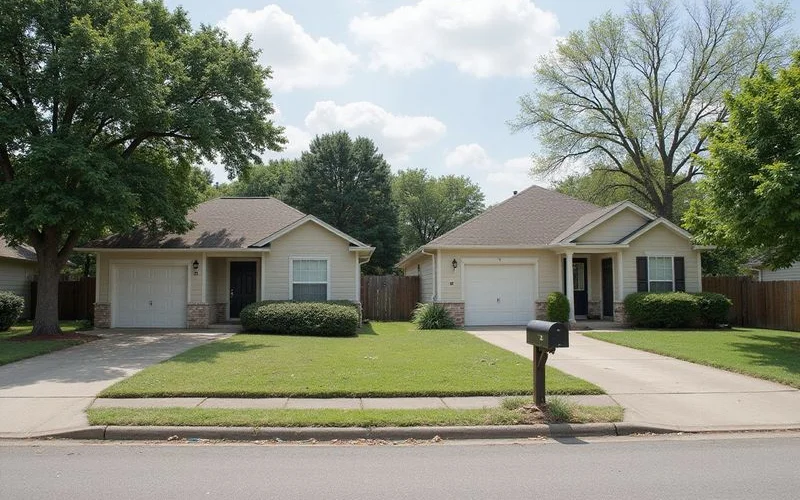 Two adjacent Central Texas homes with visibly different yard grading and drainage paths