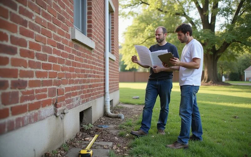 Two professionals discussing a foundation report beside a residential brick wall with a visible crack