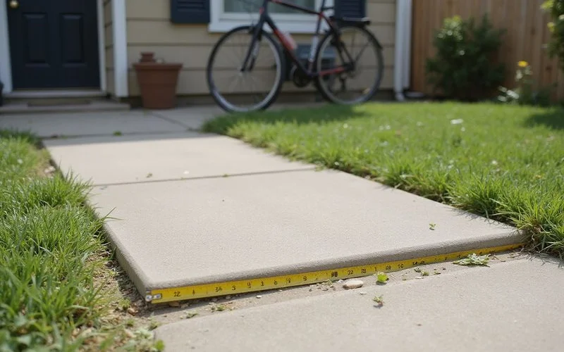 Uneven sidewalk panels forming a trip hazard with a tape measure across the raised lip