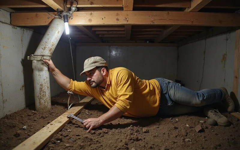 Worker adjusting an adjustable support post in a low crawlspace