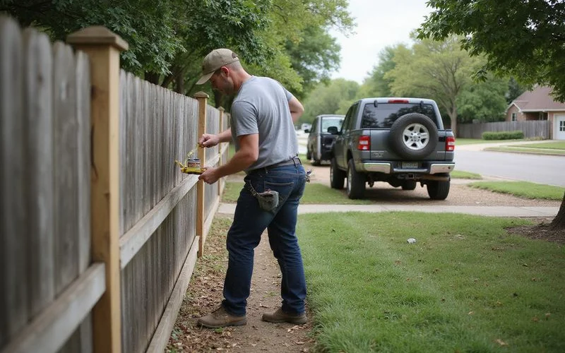 Worker checking a narrow fence-line access route beside a Central Texas home