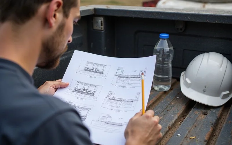 Worker comparing pier options on a marked-up foundation plan on a truck tailgate