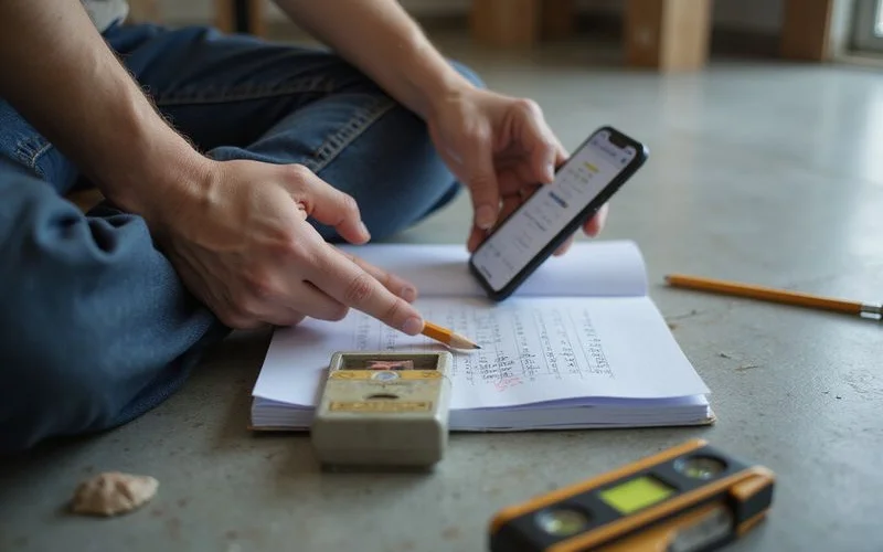 Worker recording elevation readings between lifting increments with a notepad and digital level