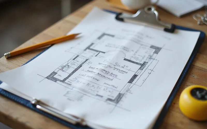 Written elevation report with a hand-drawn floor plan and recorded readings on a clipboard