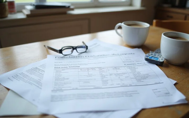 Written foundation evaluation report with readings and findings resting on a kitchen table