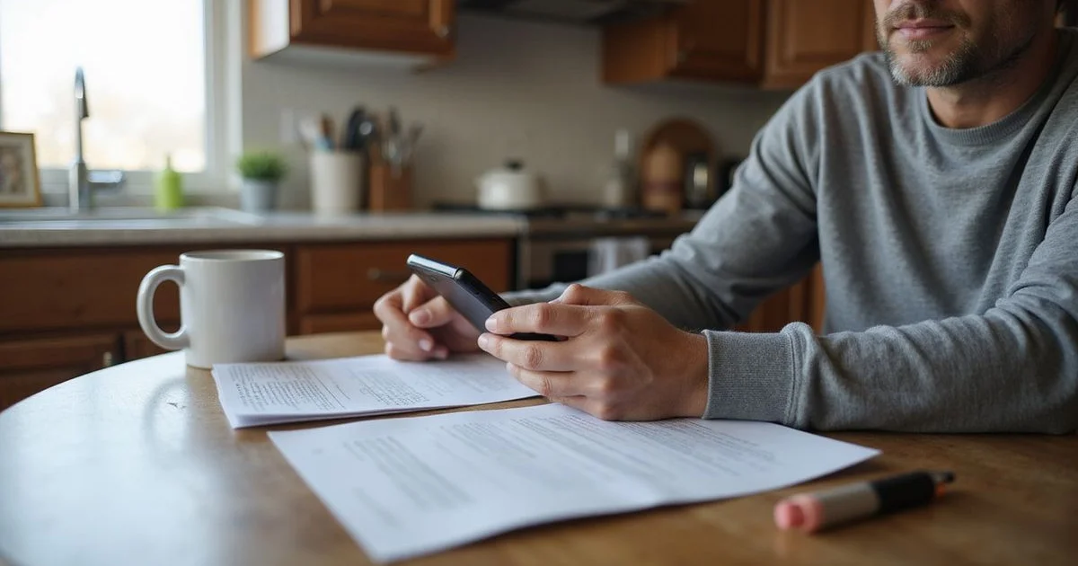 Austin homeowner reviewing a printed foundation repair proposal at a kitchen table