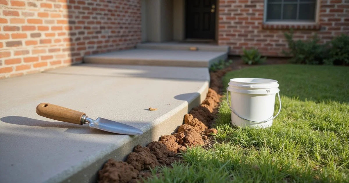 Concrete slab edge of a Central Texas home with brick veneer above and soil pulled back