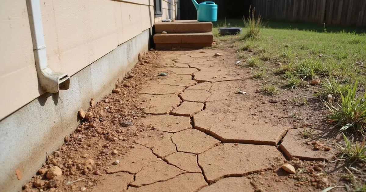 Cracked dry clay soil beside the concrete foundation of a Central Texas home during a dry summer