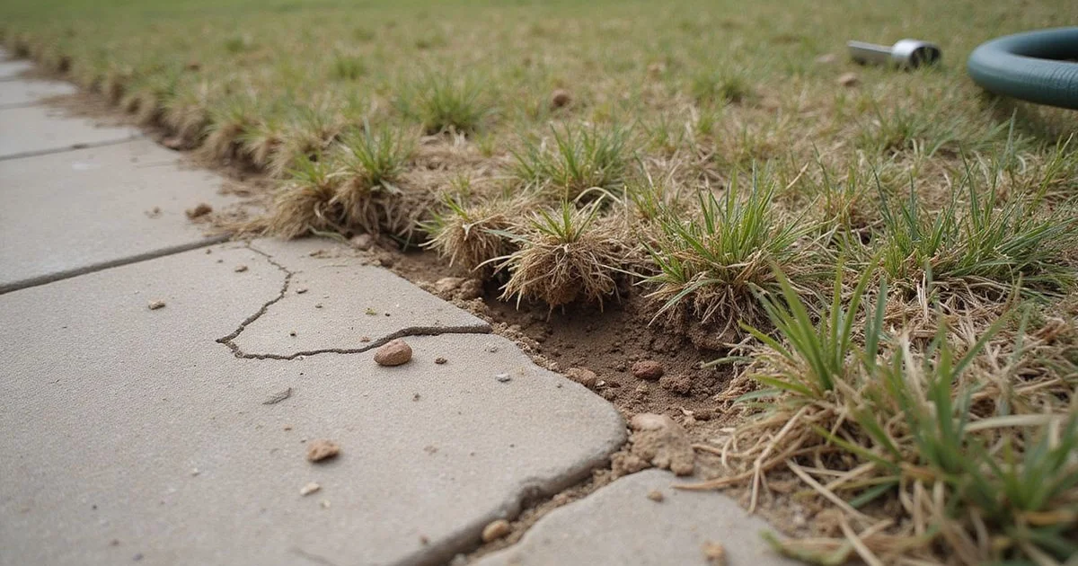 Cracked dry clay soil pulled away from the edge of a Central Texas residential slab during a dry summer