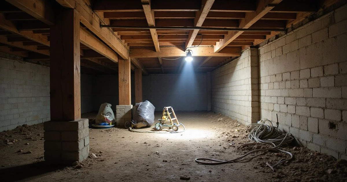 Crawlspace under a 1920s Hyde Park bungalow showing wood girders, piers and damp soil