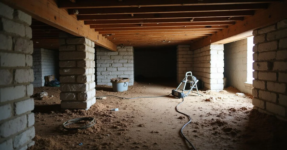 Crawlspace view of wood beams, joists and masonry piers under an older Austin home