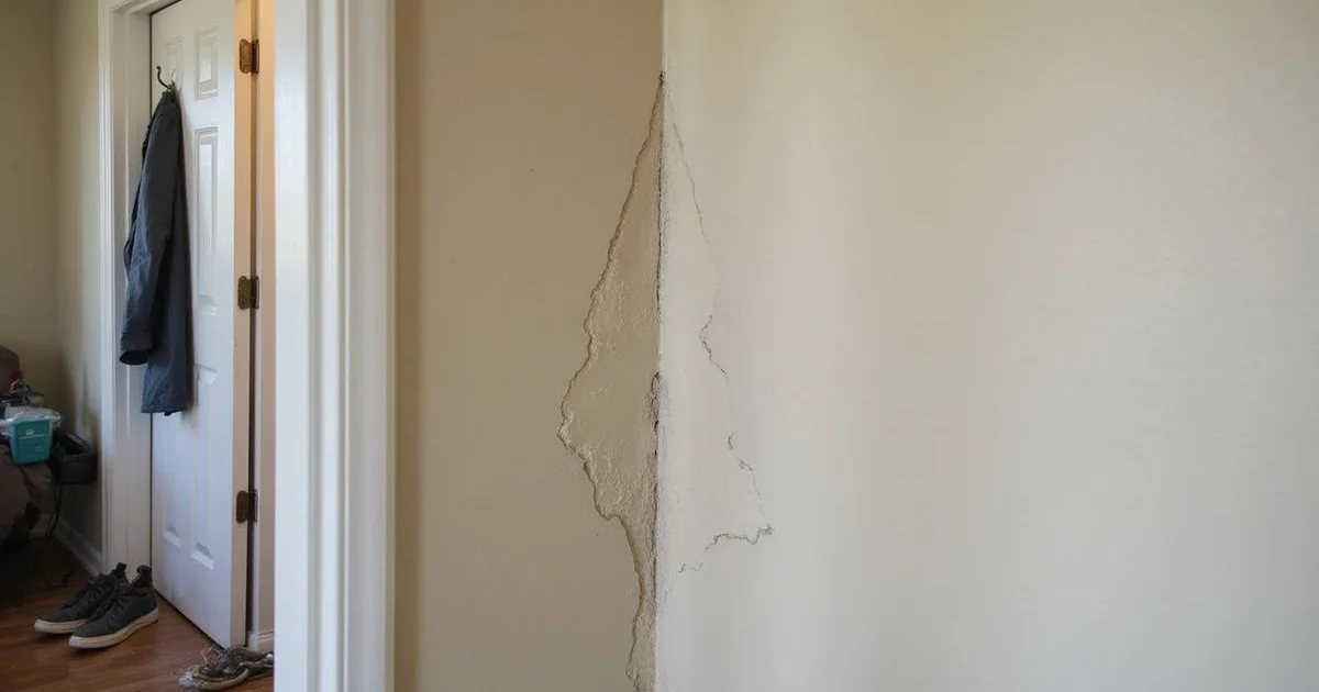 Diagonal drywall crack running from a doorway corner in a Central Texas home interior