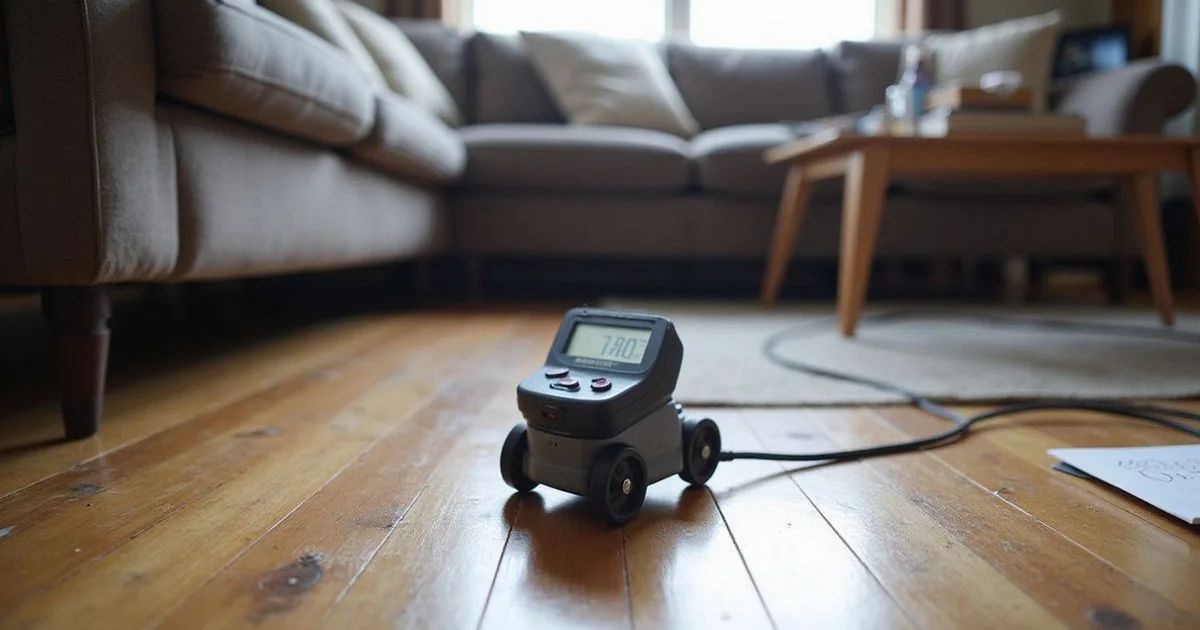Digital manometer sensor resting on a hardwood floor while elevation readings are recorded