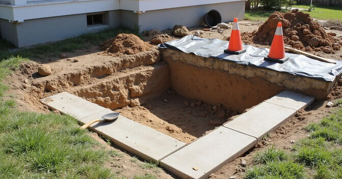 Excavated access pit beside a residential slab foundation with hand tools and stacked spoil