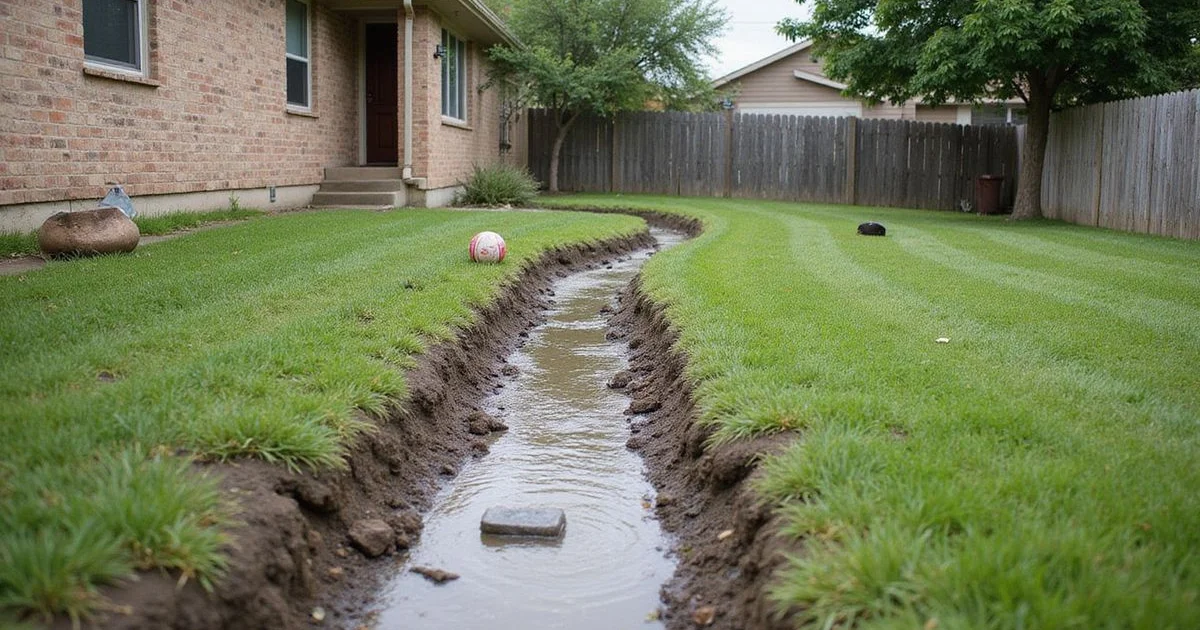 Graded yard sloping away from a Central Texas home foundation after rain