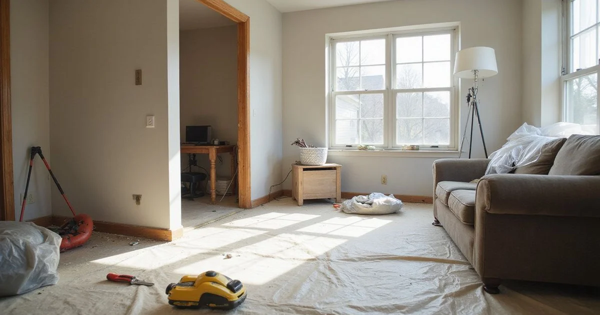 Home interior mid-leveling with tools, temporary supports and protective sheeting