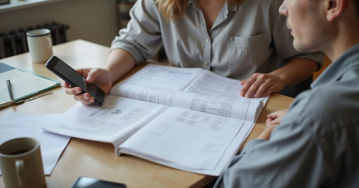 Homebuyer reviewing a folder of home repair records and documents at a kitchen table
