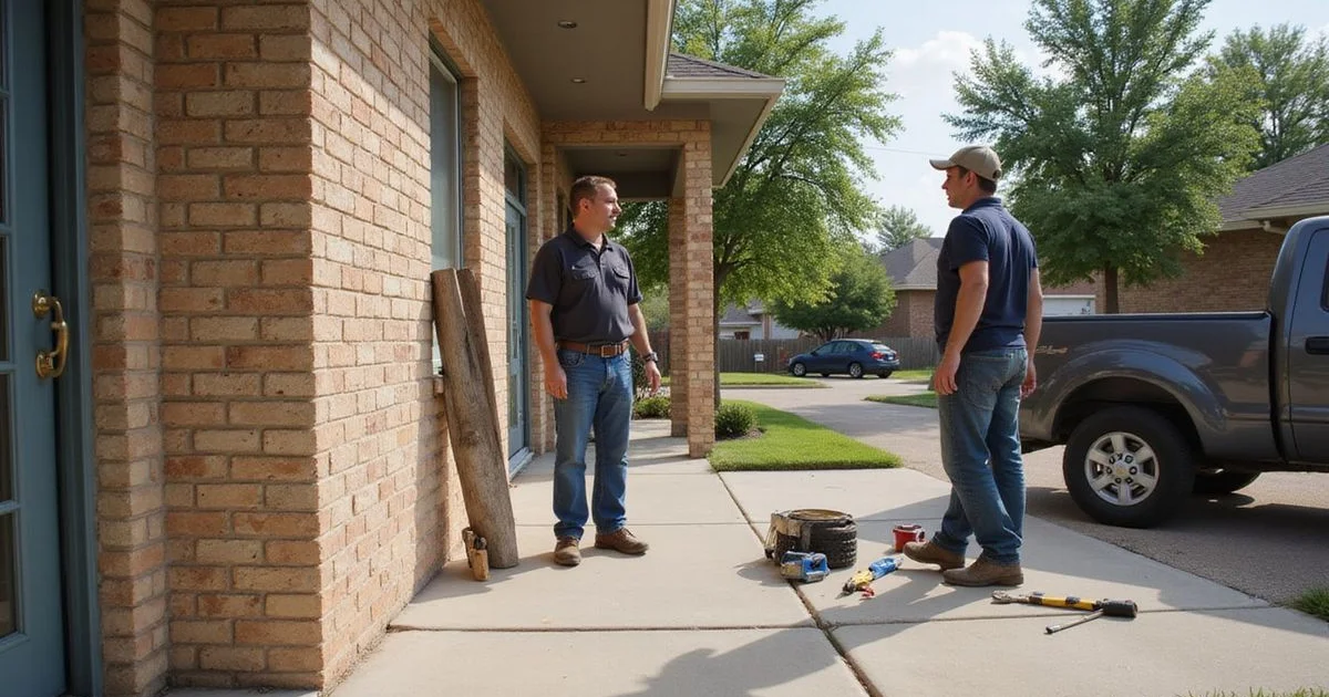 Homeowner and worker discussing a foundation beside a Central Texas home exterior