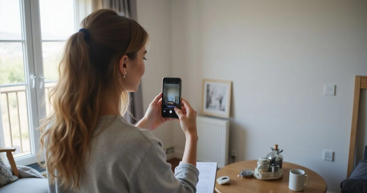 Homeowner photographing a wall crack with a phone while holding a notepad