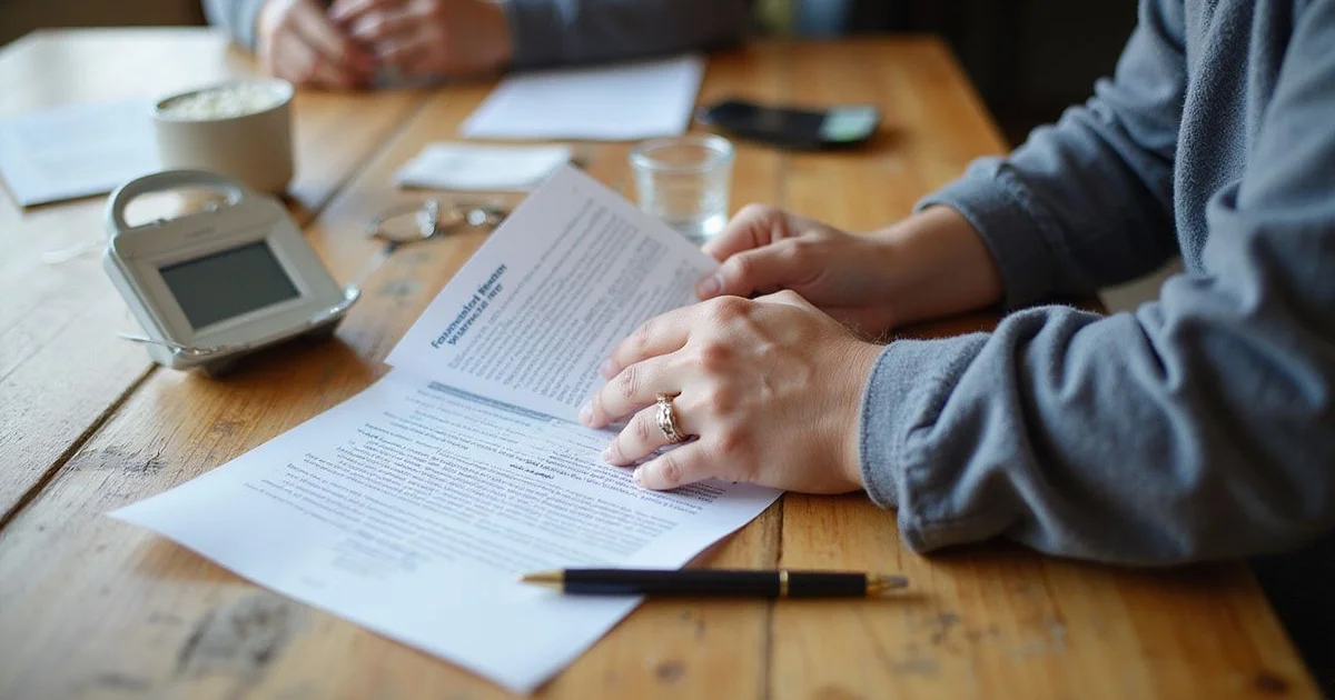 Homeowner reading a printed foundation repair warranty document at a dining table