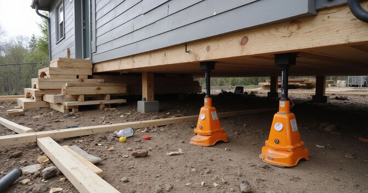 Hydraulic jacks and timber cribbing positioned under a home during a controlled leveling lift