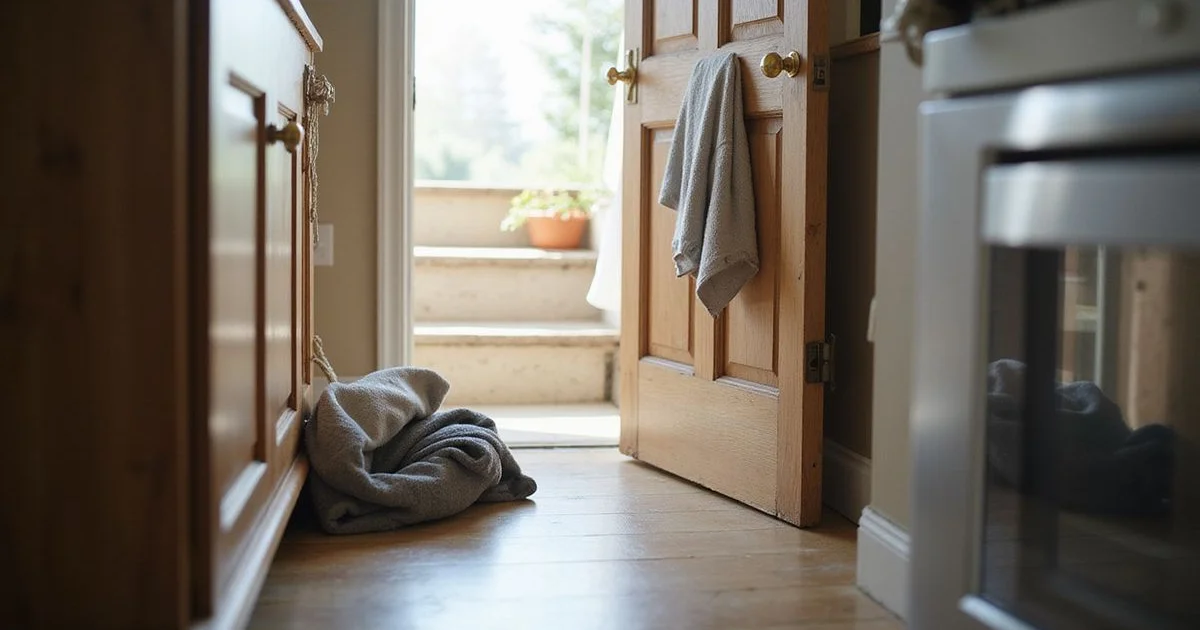 Interior door sitting misaligned in its frame with an uneven gap along the top edge