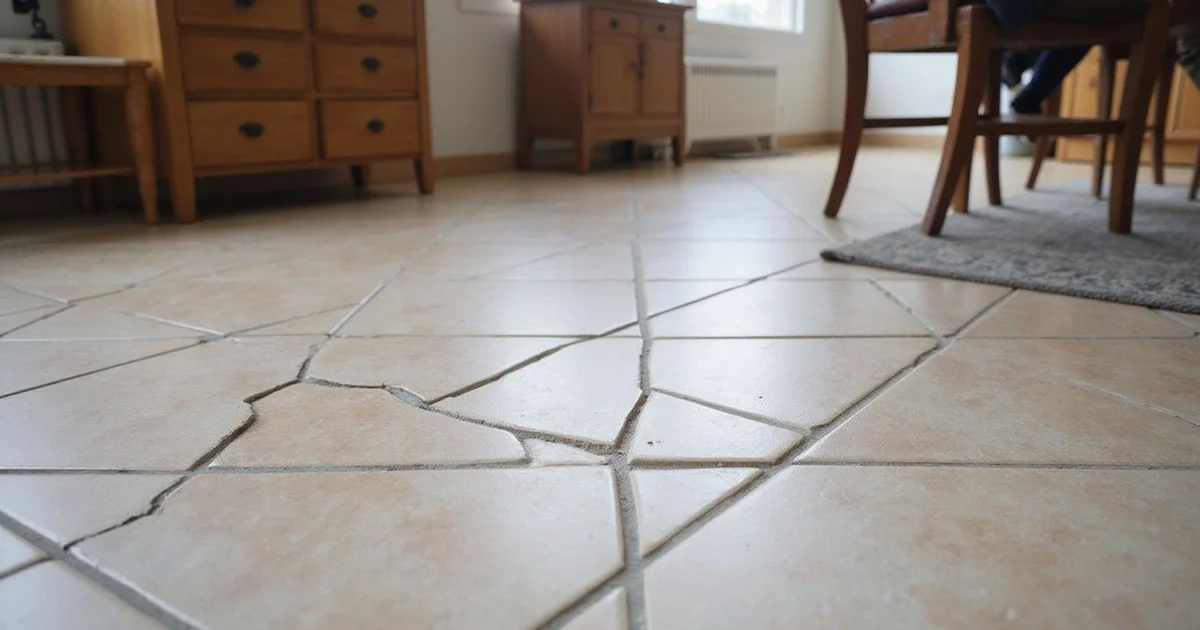 Interior tiled floor bulging slightly upward near the centre of a slab with cracked grout lines