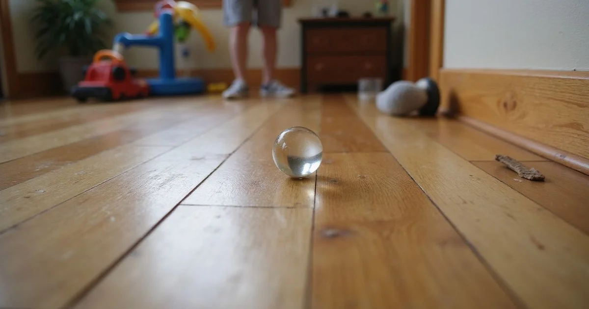 Marble rolling across a visibly sloped hardwood floor in a Central Texas home