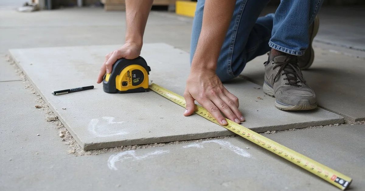Measuring a settled concrete driveway slab with a tape measure and a level before leveling work
