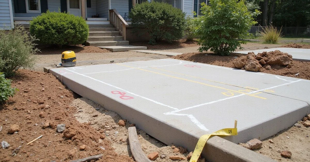 Perimeter of a slab home marked at proposed support locations with a tape measure along the grade beam