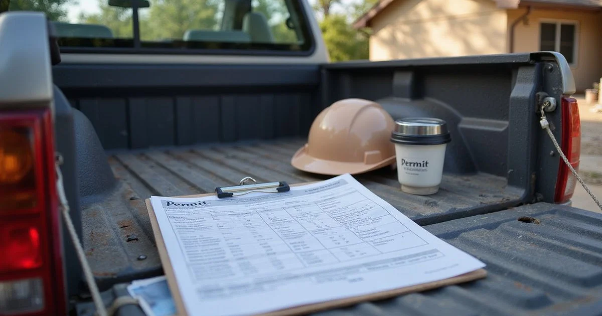 Permit paperwork on a clipboard at an Austin residential job site