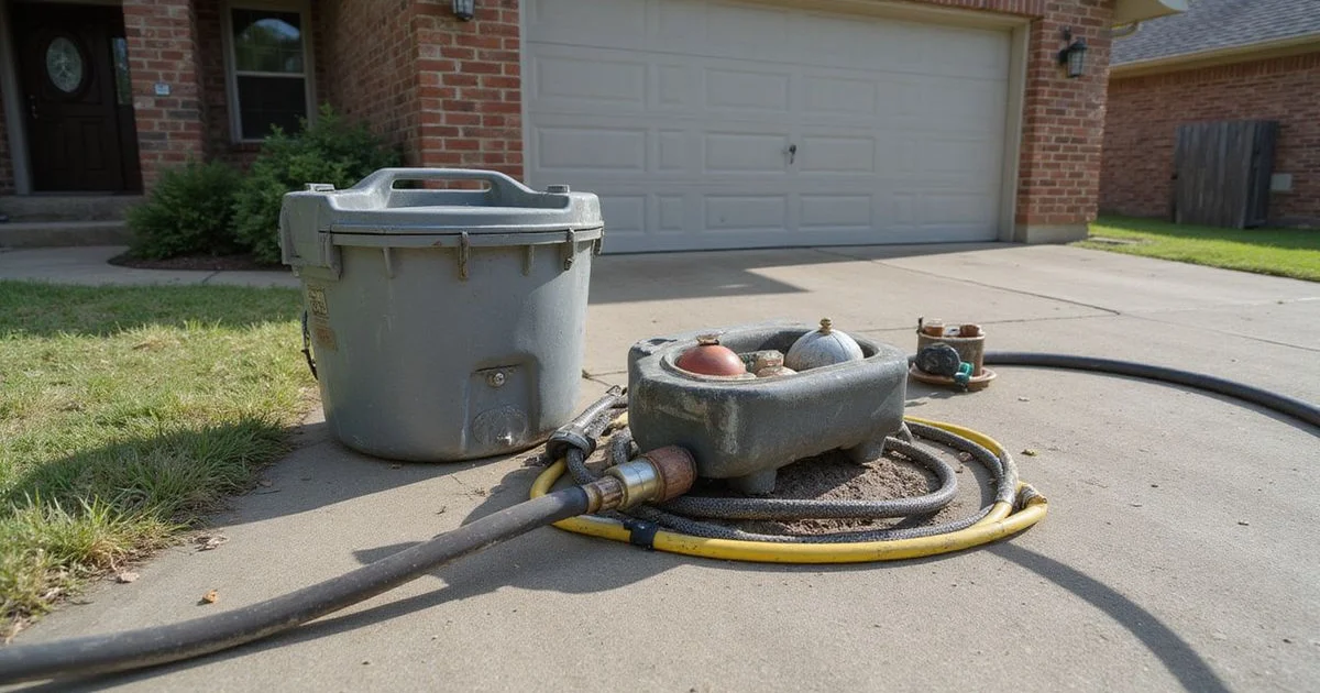 Plumbing cleanout and hydrostatic test equipment staged on a residential driveway