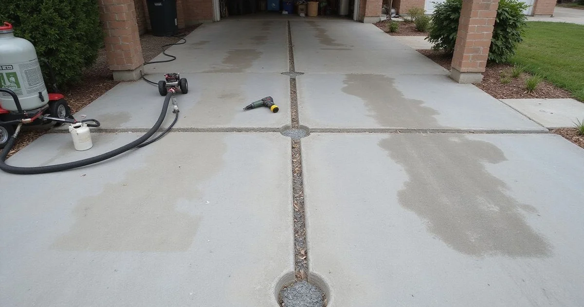 Polyurethane foam injection ports drilled into a concrete slab with a hose connected