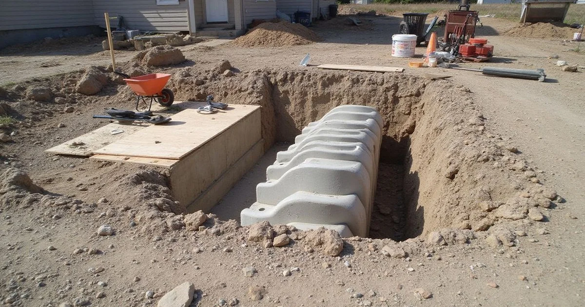 Pressed concrete cylinder segments stacked beside an open access pit at a foundation job site