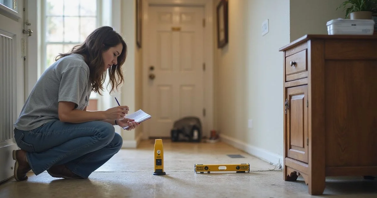 Professional taking relative elevation readings inside an Austin home with a digital level