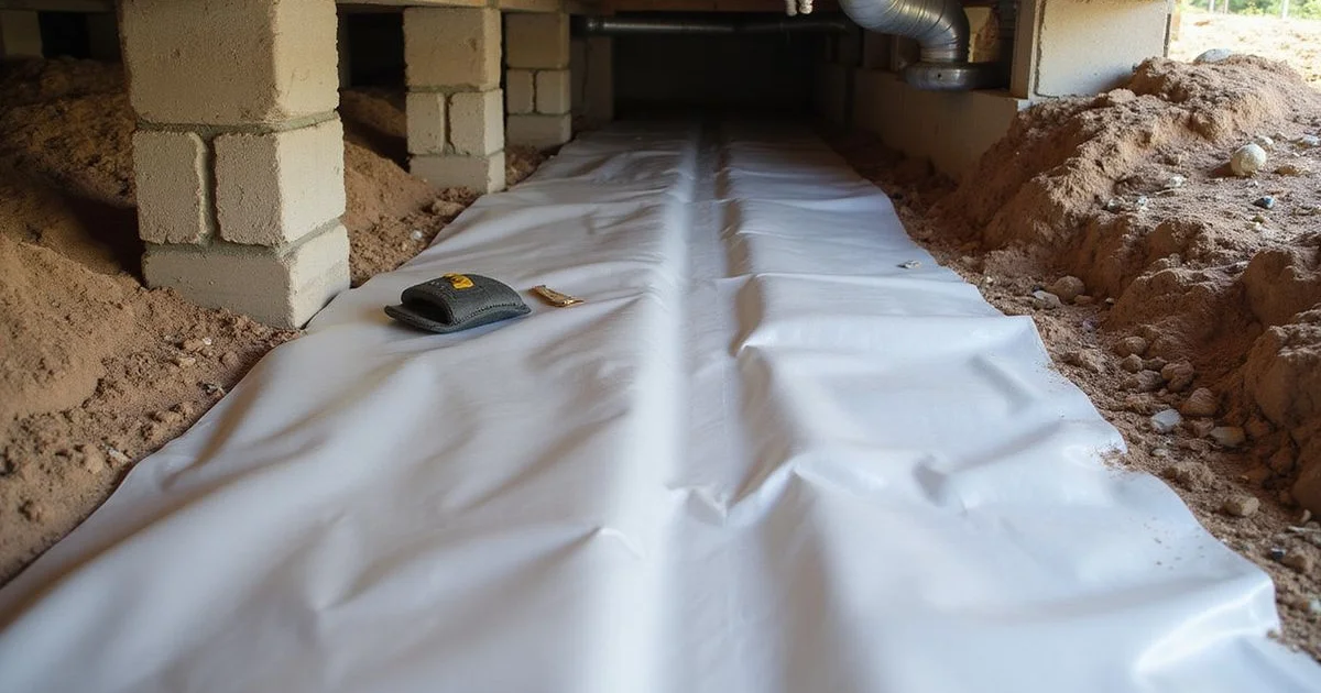 Reinforced polyethylene vapour barrier laid across crawlspace soil with overlapped seams