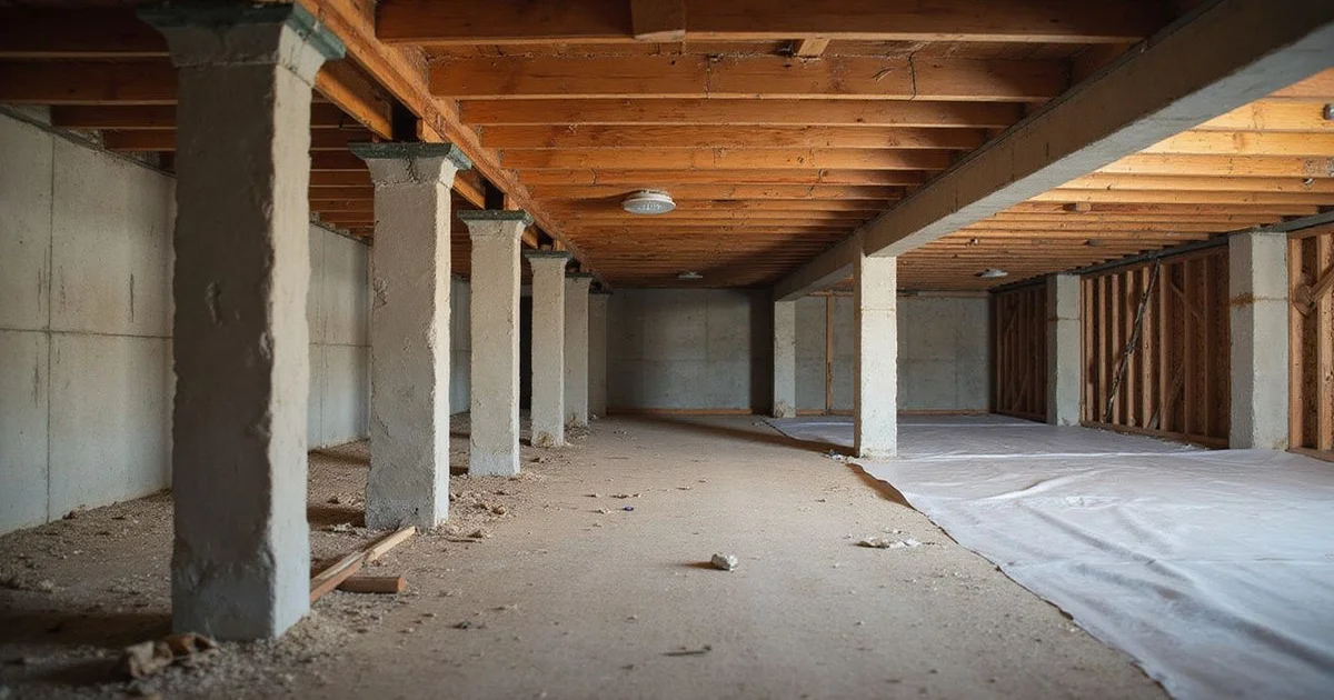 Row of new support posts installed under floor joists in a residential crawlspace